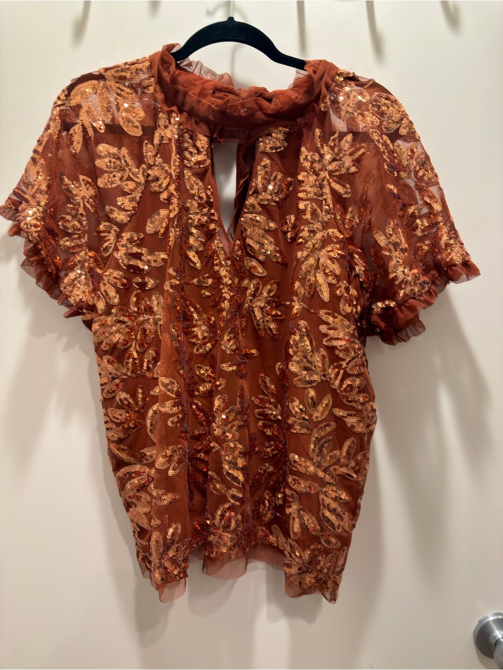 Anthropologie Copper Sequin Leaf Mesh Blouse Large New with tags - Picture 4 of 12